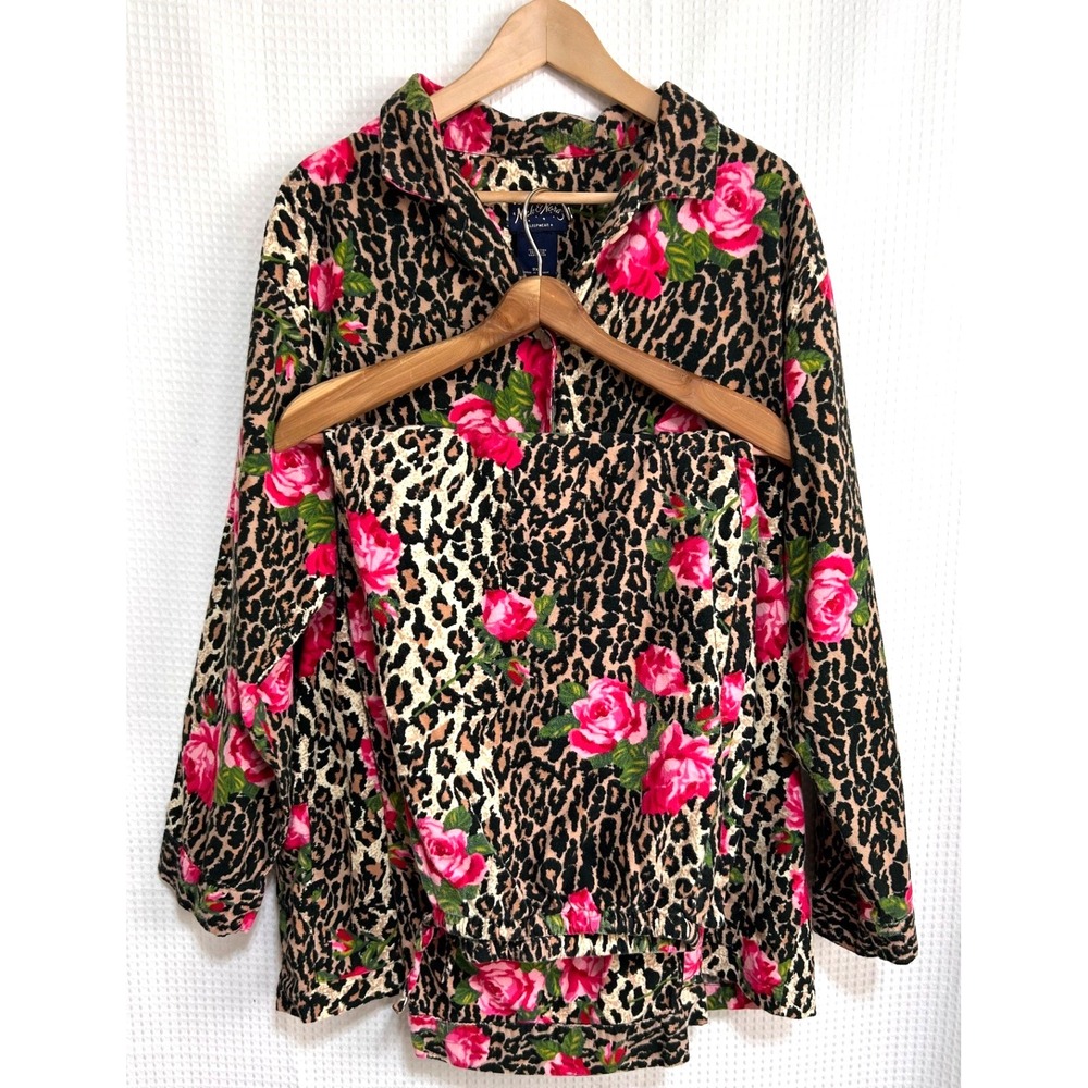 Nick & Nora Plus Size 3XL Pant Shirt Rose & Cheetah Print Pajama Flannel i - Picture 1 of 14